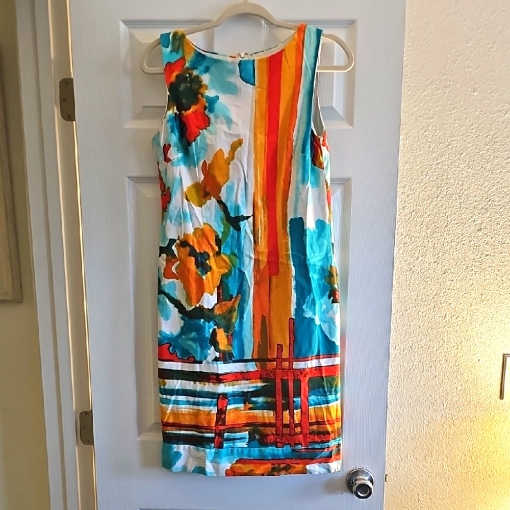 CHETTA B Vibrant Blue and Orange Sleeveless Sheath Midi Dress - Picture 3 of 10
